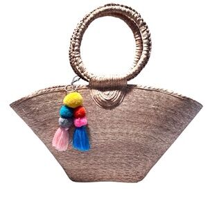 Chic Tan Woven Palm Tote Bag with Colorful Pom-Poms